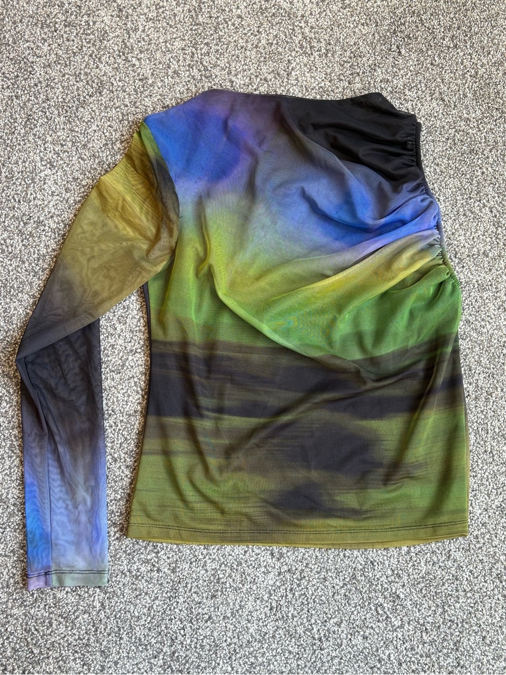 Zara Tulle Printed Asymmetric Top One Sheer Sleeve Green Black Blue Size Large - Picture 9 of 9